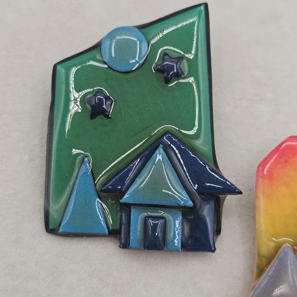 Vintage House Pins by Lucinda Resin Rainbow Night Landscape Glitter Brooch Set